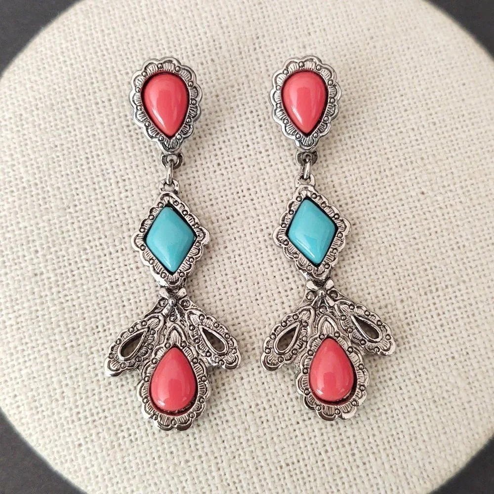 Coral and turquoise beaded earrings with silver base